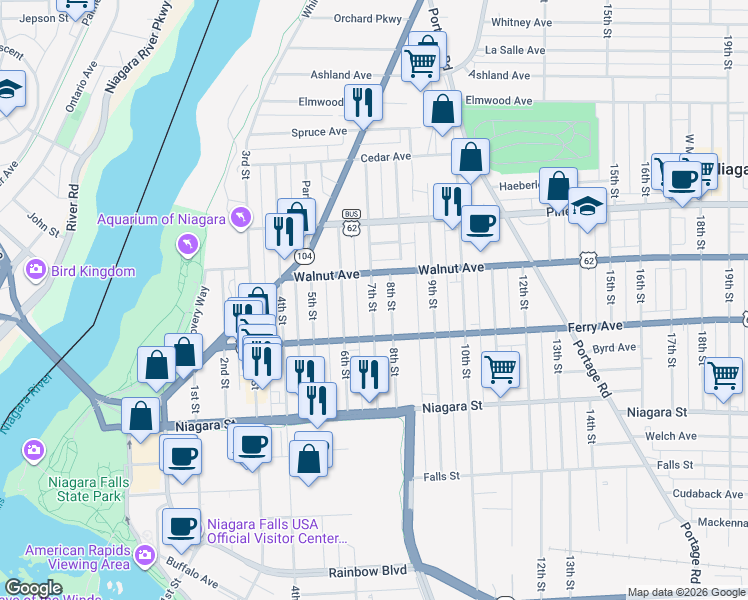 map of restaurants, bars, coffee shops, grocery stores, and more near 540 7th Street in Niagara Falls