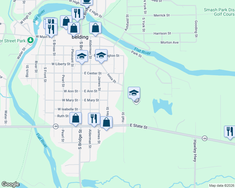 map of restaurants, bars, coffee shops, grocery stores, and more near 427 East Ann Street in Belding