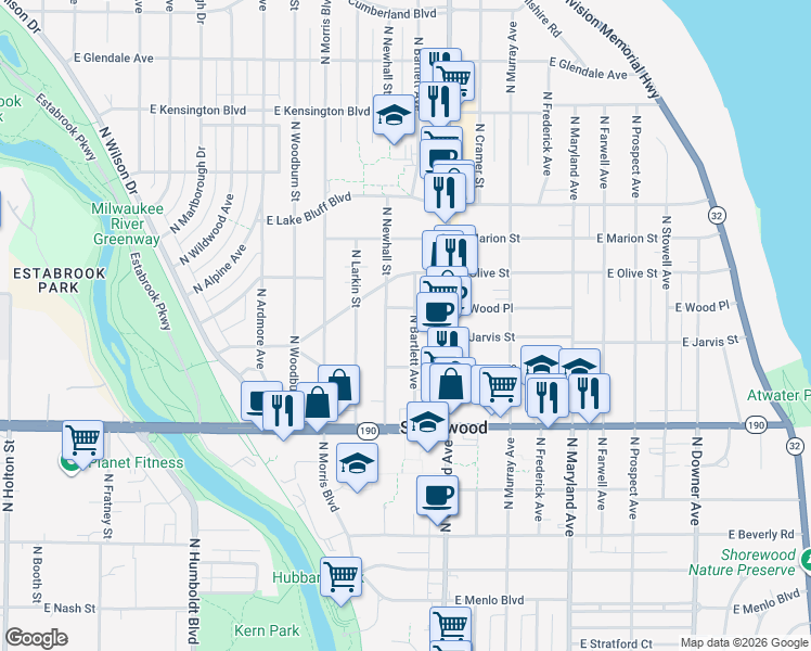 map of restaurants, bars, coffee shops, grocery stores, and more near 4134-4136 North Newhall Street in Shorewood