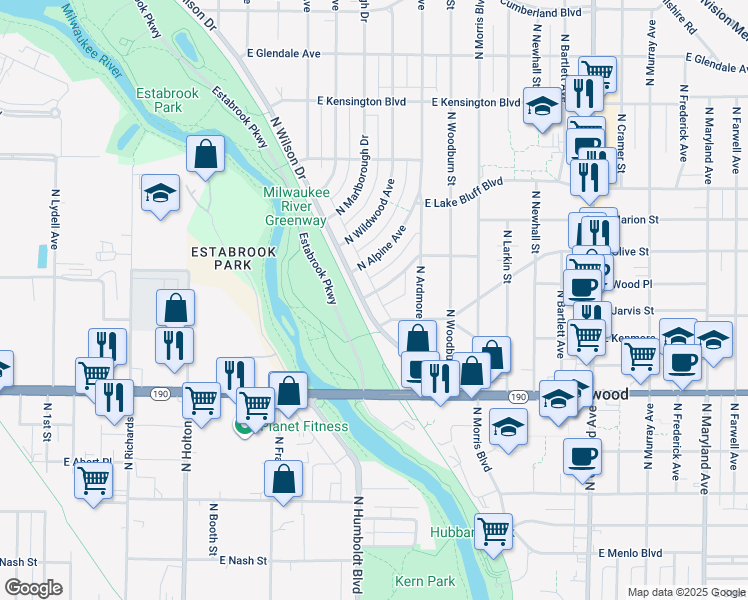 map of restaurants, bars, coffee shops, grocery stores, and more near 4204 North Olsen Avenue in Shorewood