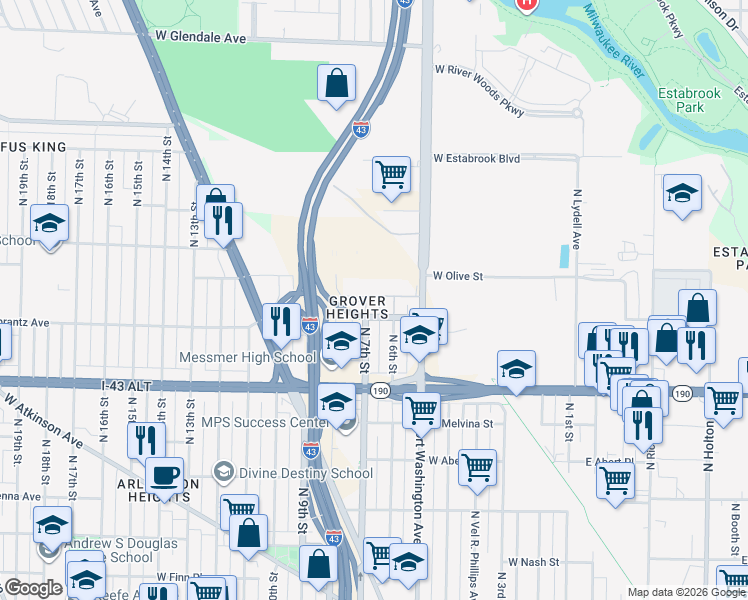 map of restaurants, bars, coffee shops, grocery stores, and more near 4114A North 7th Street in Milwaukee