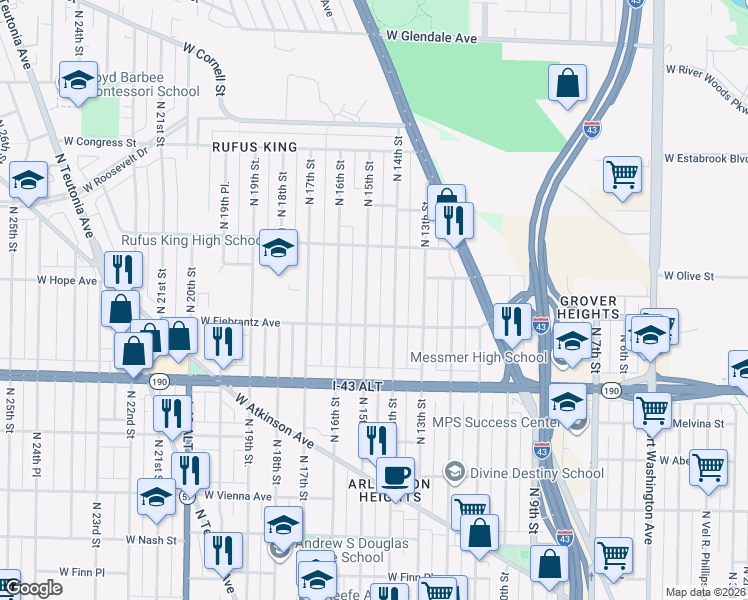 map of restaurants, bars, coffee shops, grocery stores, and more near 4127 North 14th Street in Milwaukee