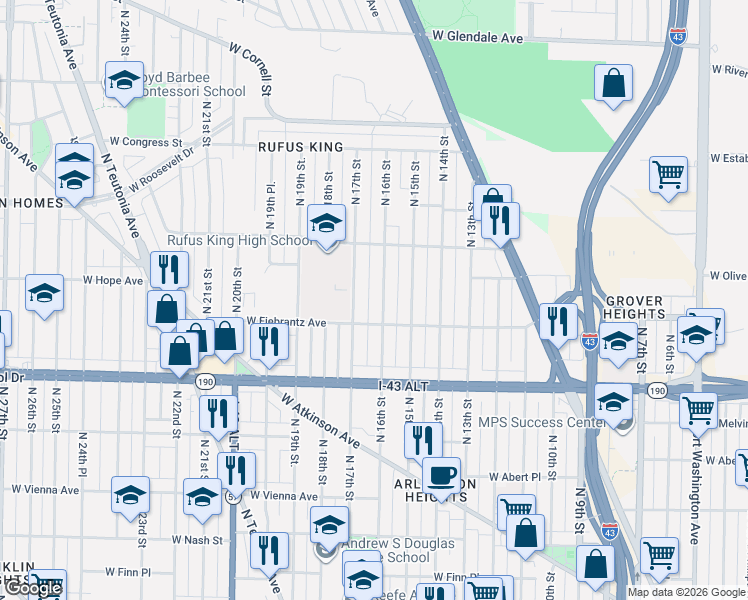 map of restaurants, bars, coffee shops, grocery stores, and more near 4122 North 17th Street in Milwaukee