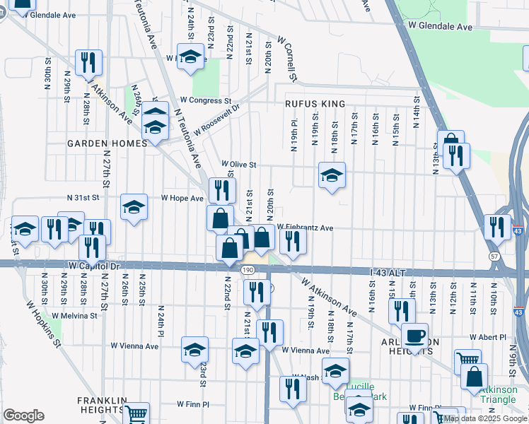 map of restaurants, bars, coffee shops, grocery stores, and more near 4117 North 20th Street in Milwaukee