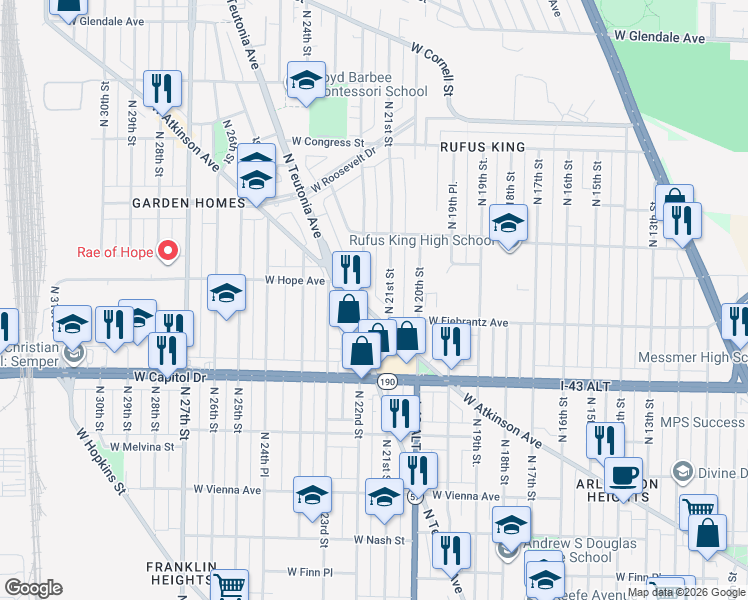 map of restaurants, bars, coffee shops, grocery stores, and more near in Milwaukee