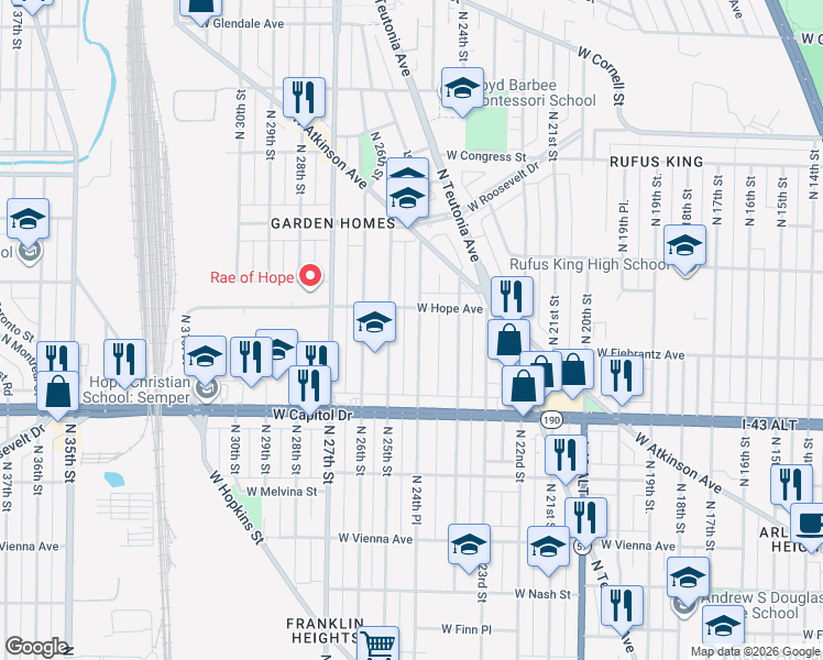 map of restaurants, bars, coffee shops, grocery stores, and more near 4116 North 24th Place in Milwaukee