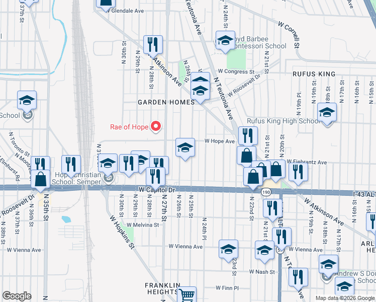 map of restaurants, bars, coffee shops, grocery stores, and more near 4119 North 25th Street in Milwaukee