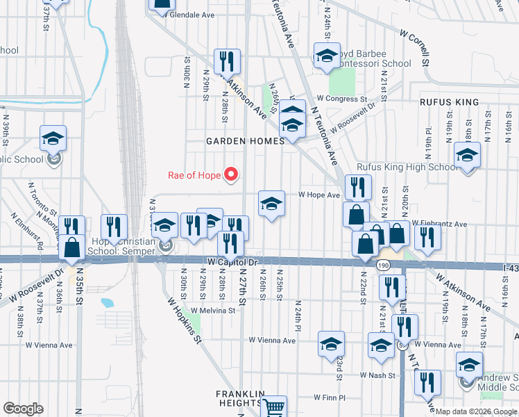 map of restaurants, bars, coffee shops, grocery stores, and more near 4114 North 27th Street in Milwaukee