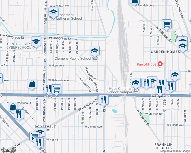 map of restaurants, bars, coffee shops, grocery stores, and more near 4106 North Toronto Street in Milwaukee