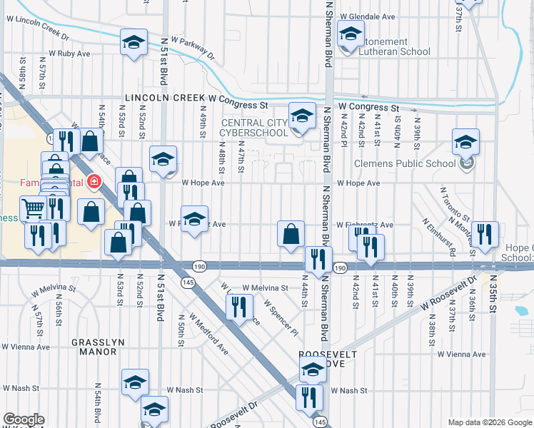 map of restaurants, bars, coffee shops, grocery stores, and more near 4112 N 46th St in Milwaukee