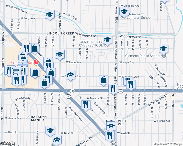 map of restaurants, bars, coffee shops, grocery stores, and more near 4112 North 47th Street in Milwaukee