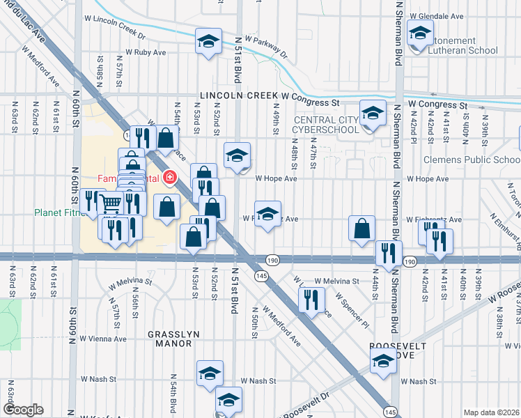 map of restaurants, bars, coffee shops, grocery stores, and more near 4109 North 49th Street in Milwaukee