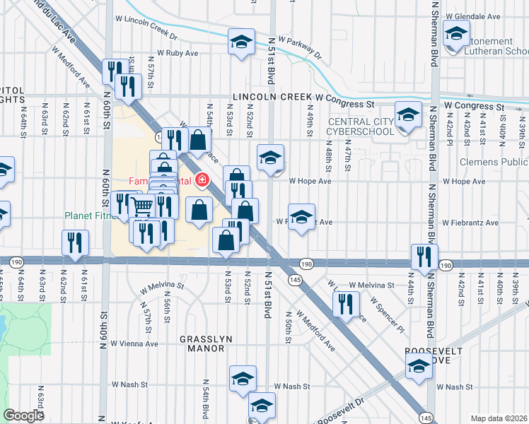 map of restaurants, bars, coffee shops, grocery stores, and more near 5228 West Fond Du Lac Avenue in Milwaukee