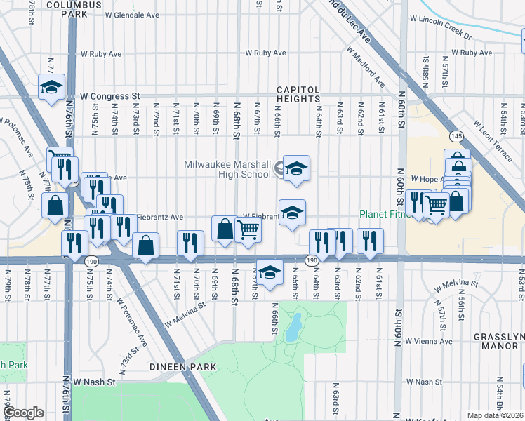 map of restaurants, bars, coffee shops, grocery stores, and more near 4103 North 67th Street in Milwaukee