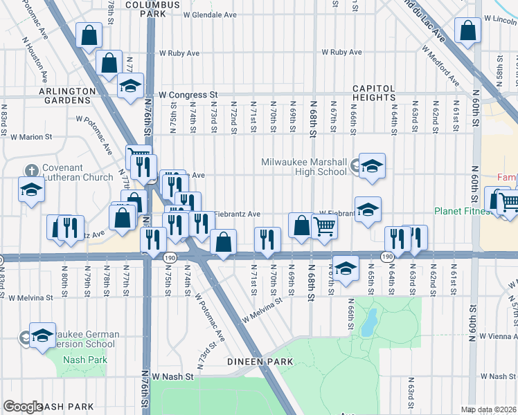 map of restaurants, bars, coffee shops, grocery stores, and more near 4106 North 71st Street in Milwaukee