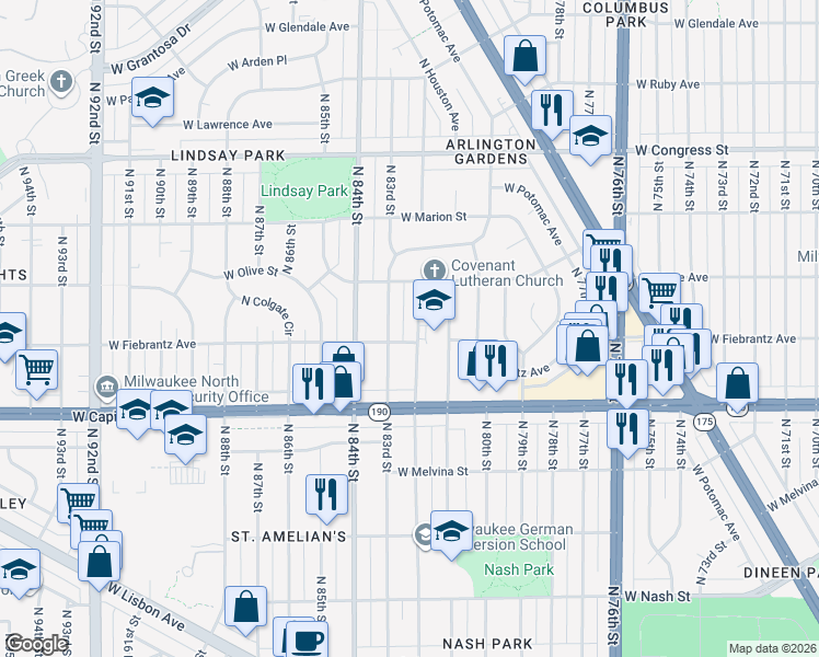 map of restaurants, bars, coffee shops, grocery stores, and more near 4107 N 82nd St in Milwaukee