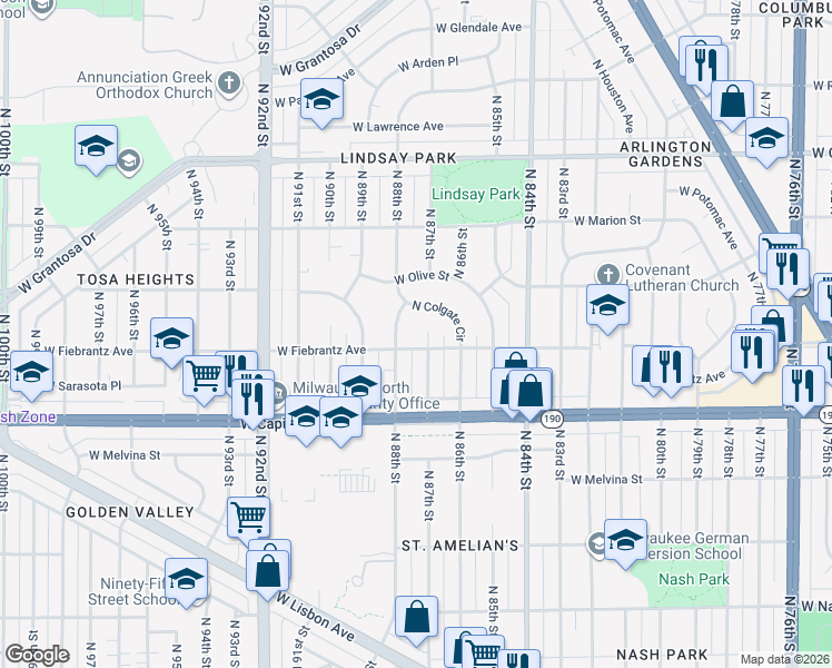 map of restaurants, bars, coffee shops, grocery stores, and more near 4109 North 87th Court in Milwaukee