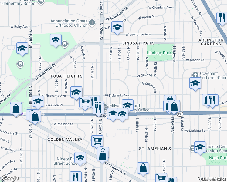 map of restaurants, bars, coffee shops, grocery stores, and more near 4108-4110 North 91st Street in Milwaukee