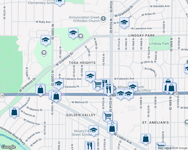 map of restaurants, bars, coffee shops, grocery stores, and more near 4115 North 94th Street in Wauwatosa