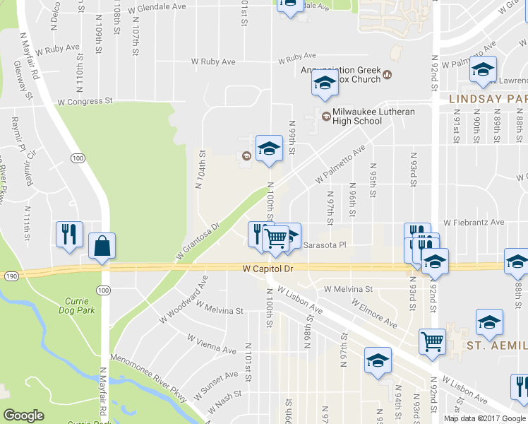 map of restaurants, bars, coffee shops, grocery stores, and more near 4131 North 100th Street in Milwaukee