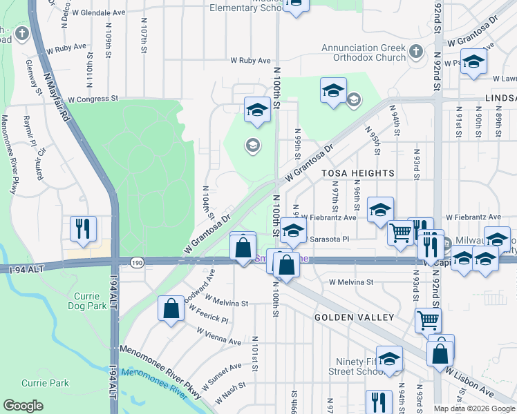 map of restaurants, bars, coffee shops, grocery stores, and more near 10101 West Grantosa Drive in Milwaukee