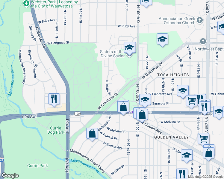 map of restaurants, bars, coffee shops, grocery stores, and more near 10310 West Grantosa Drive in Milwaukee