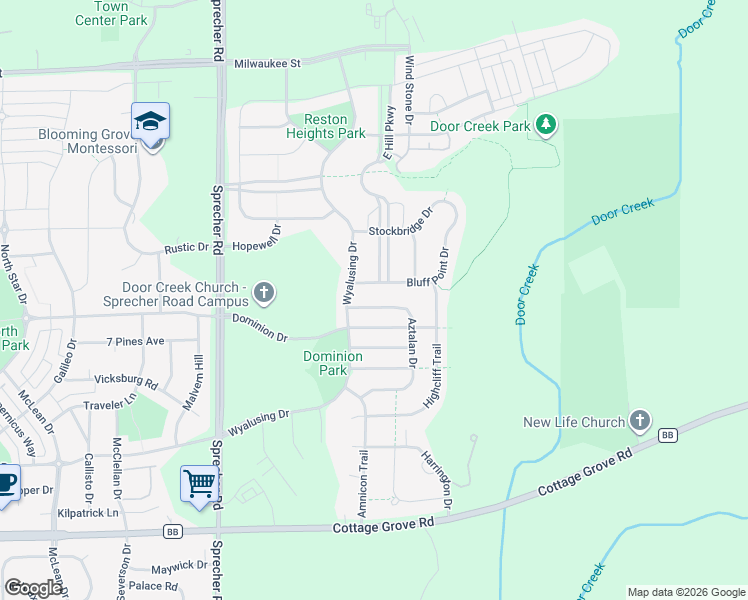 map of restaurants, bars, coffee shops, grocery stores, and more near 509 Aztalan Drive in Madison