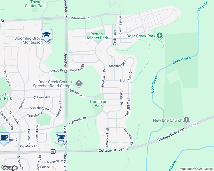 map of restaurants, bars, coffee shops, grocery stores, and more near 509 Aztalan Drive in Madison