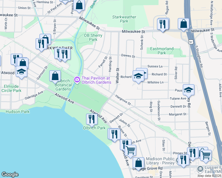 map of restaurants, bars, coffee shops, grocery stores, and more near 3497 Hargrove Street in Madison