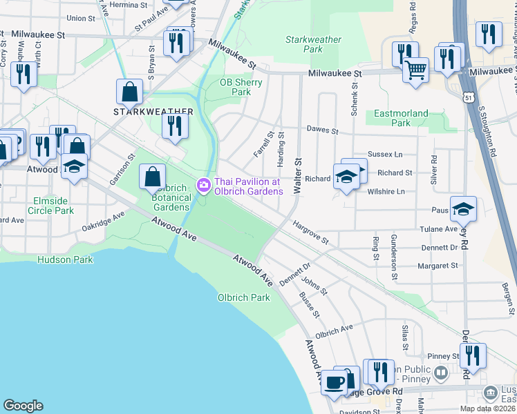 map of restaurants, bars, coffee shops, grocery stores, and more near 3473 Hargrove Street in Madison