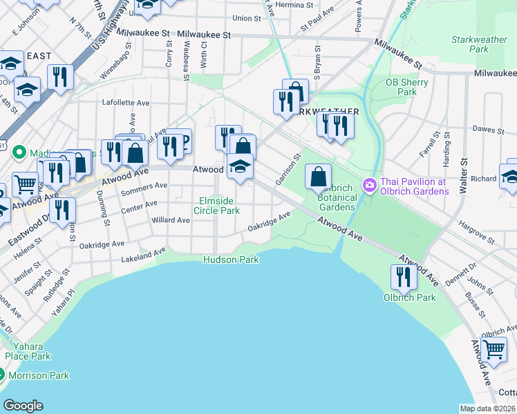 map of restaurants, bars, coffee shops, grocery stores, and more near 506 Ludington Avenue in Madison