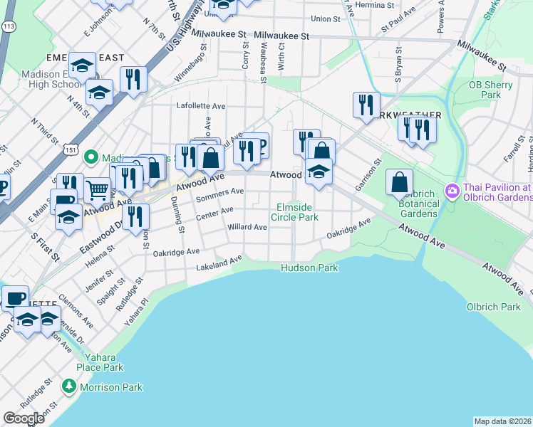 map of restaurants, bars, coffee shops, grocery stores, and more near 2713 Center Avenue in Madison