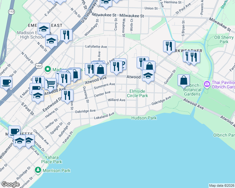 map of restaurants, bars, coffee shops, grocery stores, and more near 2713 Center Avenue in Madison