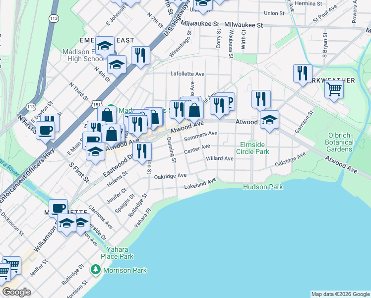 map of restaurants, bars, coffee shops, grocery stores, and more near 2315 Center Avenue in Madison