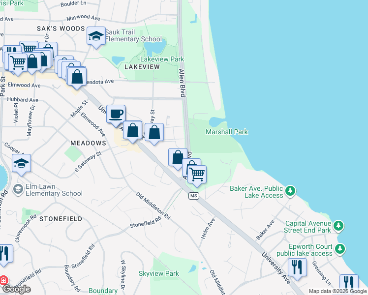 map of restaurants, bars, coffee shops, grocery stores, and more near 2070 County Highway Q in Middleton