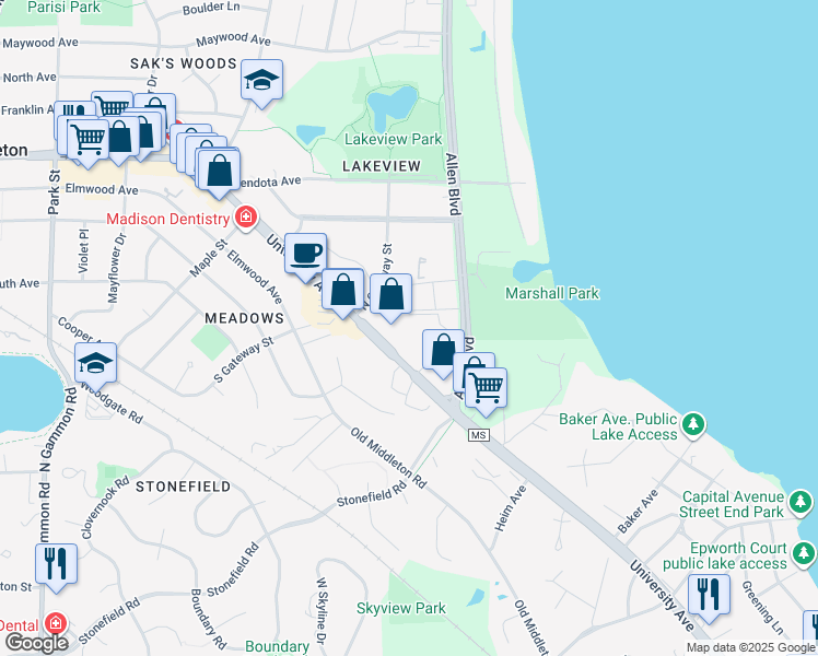 map of restaurants, bars, coffee shops, grocery stores, and more near 6242 University Avenue in Middleton