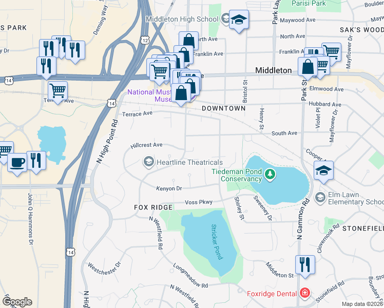 map of restaurants, bars, coffee shops, grocery stores, and more near 7446 Hunters Court in Middleton
