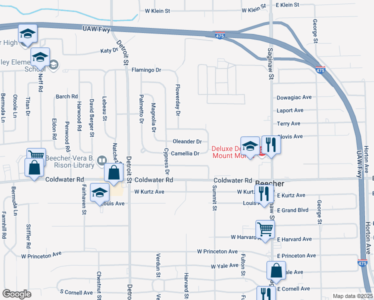 map of restaurants, bars, coffee shops, grocery stores, and more near 1194 Camellia Drive in Mount Morris