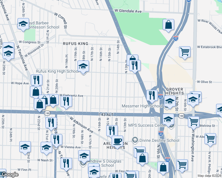 map of restaurants, bars, coffee shops, grocery stores, and more near 4127 North 14th Street in Milwaukee
