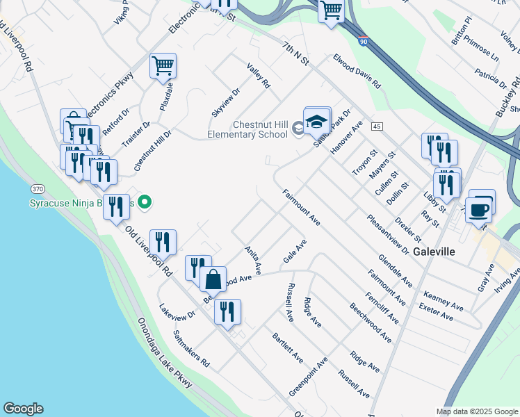 map of restaurants, bars, coffee shops, grocery stores, and more near 122 Frederick Drive in Liverpool