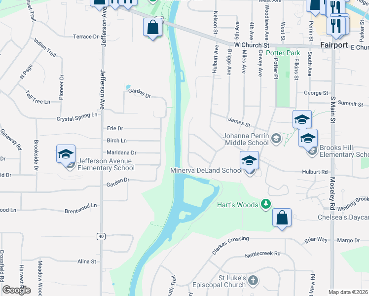 map of restaurants, bars, coffee shops, grocery stores, and more near 42 Erie Crescent in Fairport