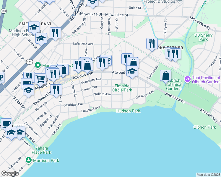 map of restaurants, bars, coffee shops, grocery stores, and more near 2713 Center Avenue in Madison