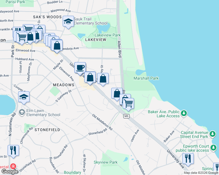 map of restaurants, bars, coffee shops, grocery stores, and more near 2050 Allen Boulevard in Middleton