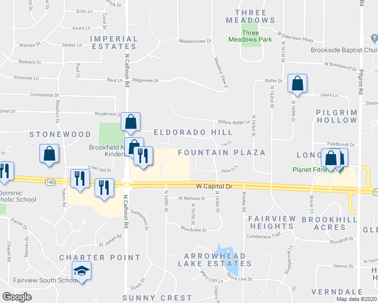 map of restaurants, bars, coffee shops, grocery stores, and more near 16805 Dane Court West in Brookfield