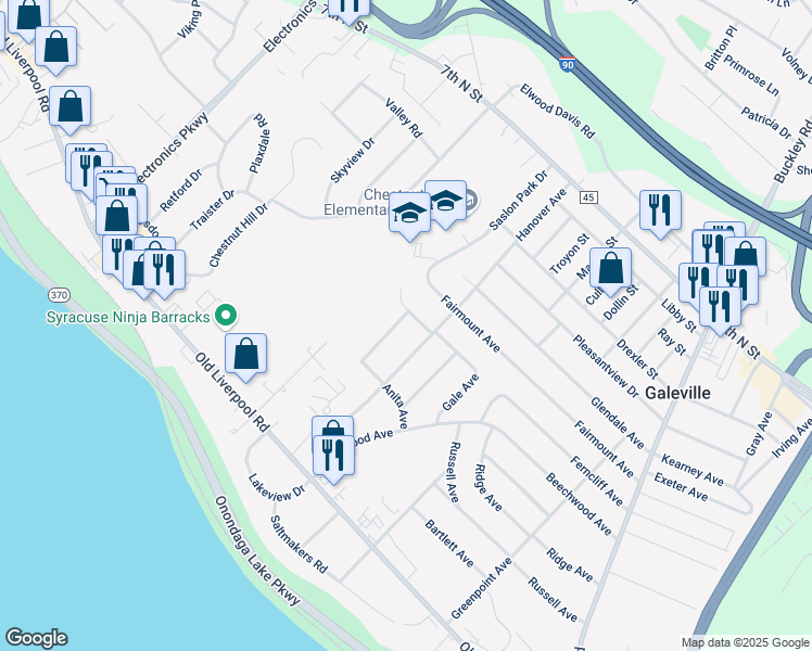 map of restaurants, bars, coffee shops, grocery stores, and more near 122 Frederick Drive in Liverpool