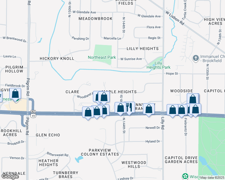 map of restaurants, bars, coffee shops, grocery stores, and more near 14560 Woodland Place in Brookfield