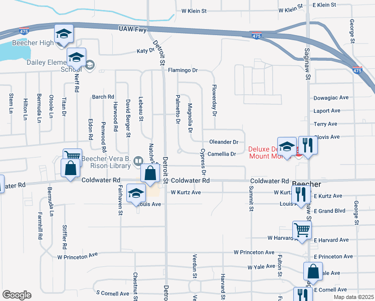 map of restaurants, bars, coffee shops, grocery stores, and more near 1276 Camellia Drive in Mount Morris