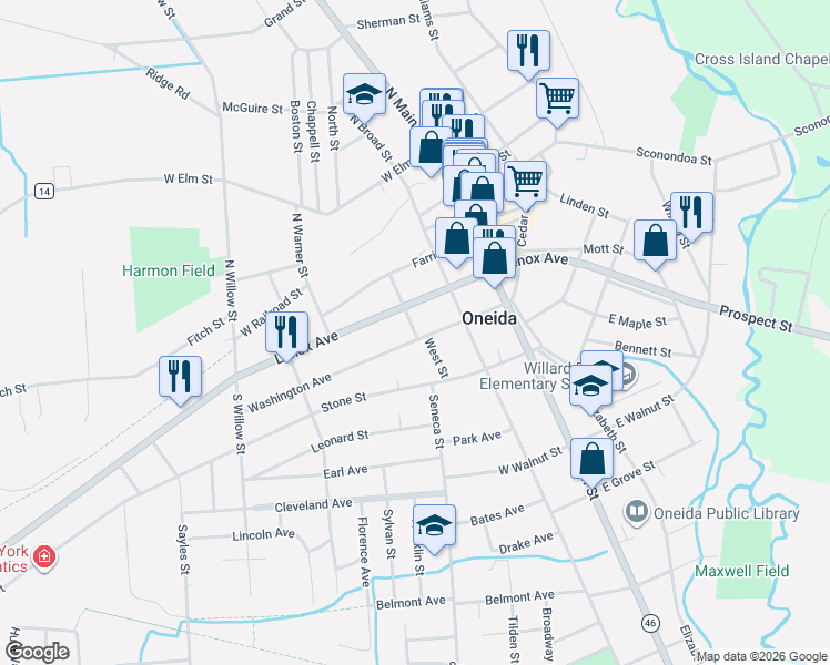 map of restaurants, bars, coffee shops, grocery stores, and more near 301 Washington Avenue in Oneida