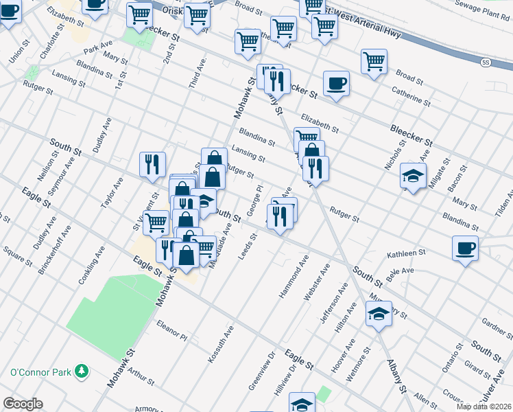 map of restaurants, bars, coffee shops, grocery stores, and more near 1015 George Place in Utica