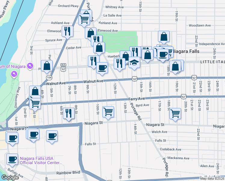 map of restaurants, bars, coffee shops, grocery stores, and more near 529 Memorial Parkway in Niagara Falls